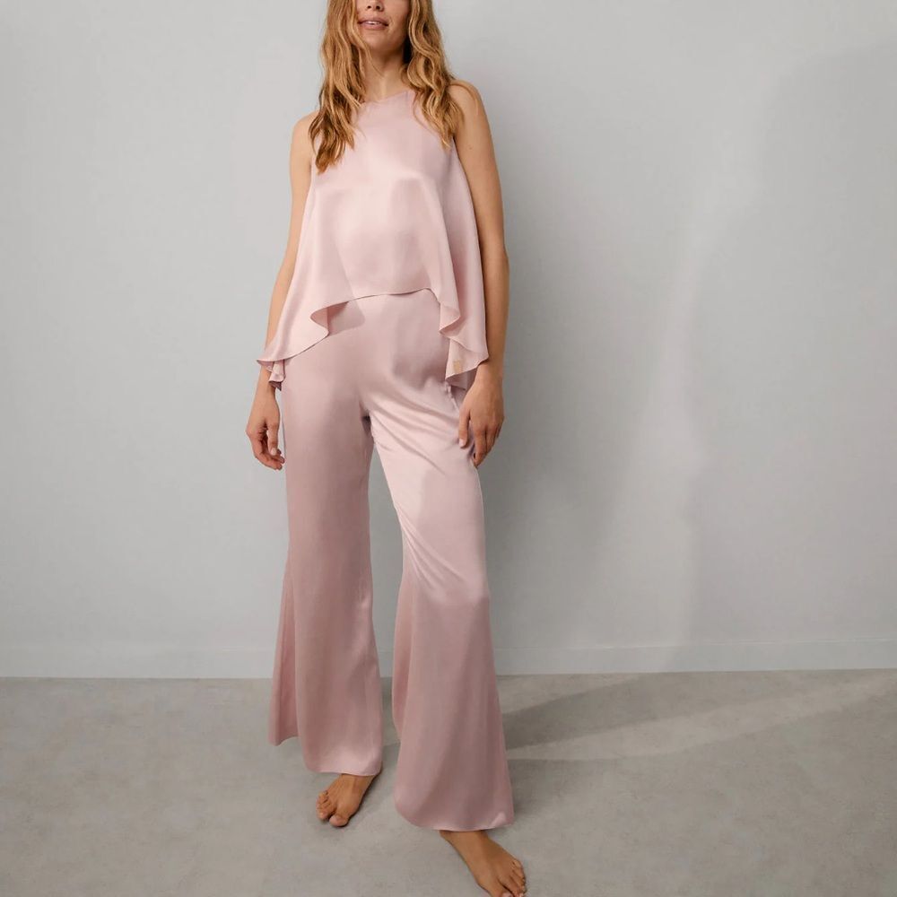 Lunya Washable Silk Back Slit Pant Set NWT Delicate Pink XS